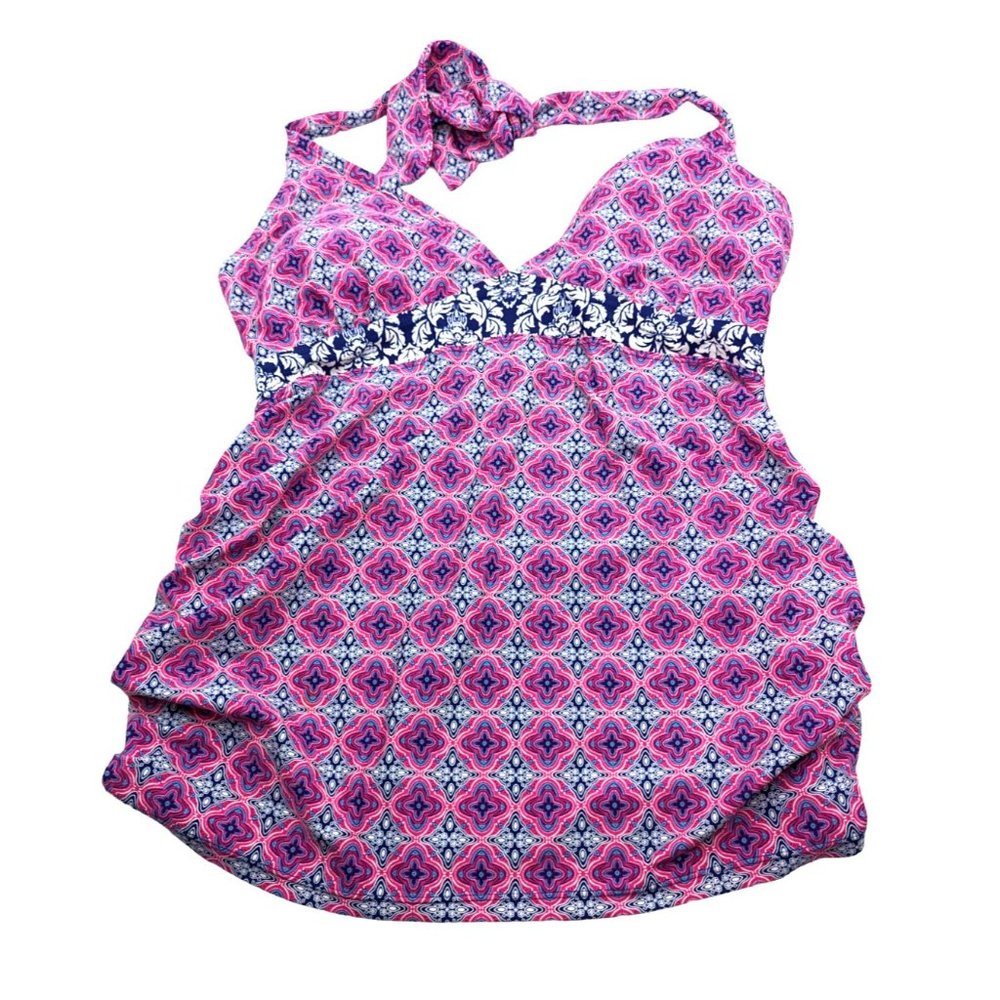 Beach Bump By Motherhood Maternity Postage Print Tankini Medium Pink Swim Top